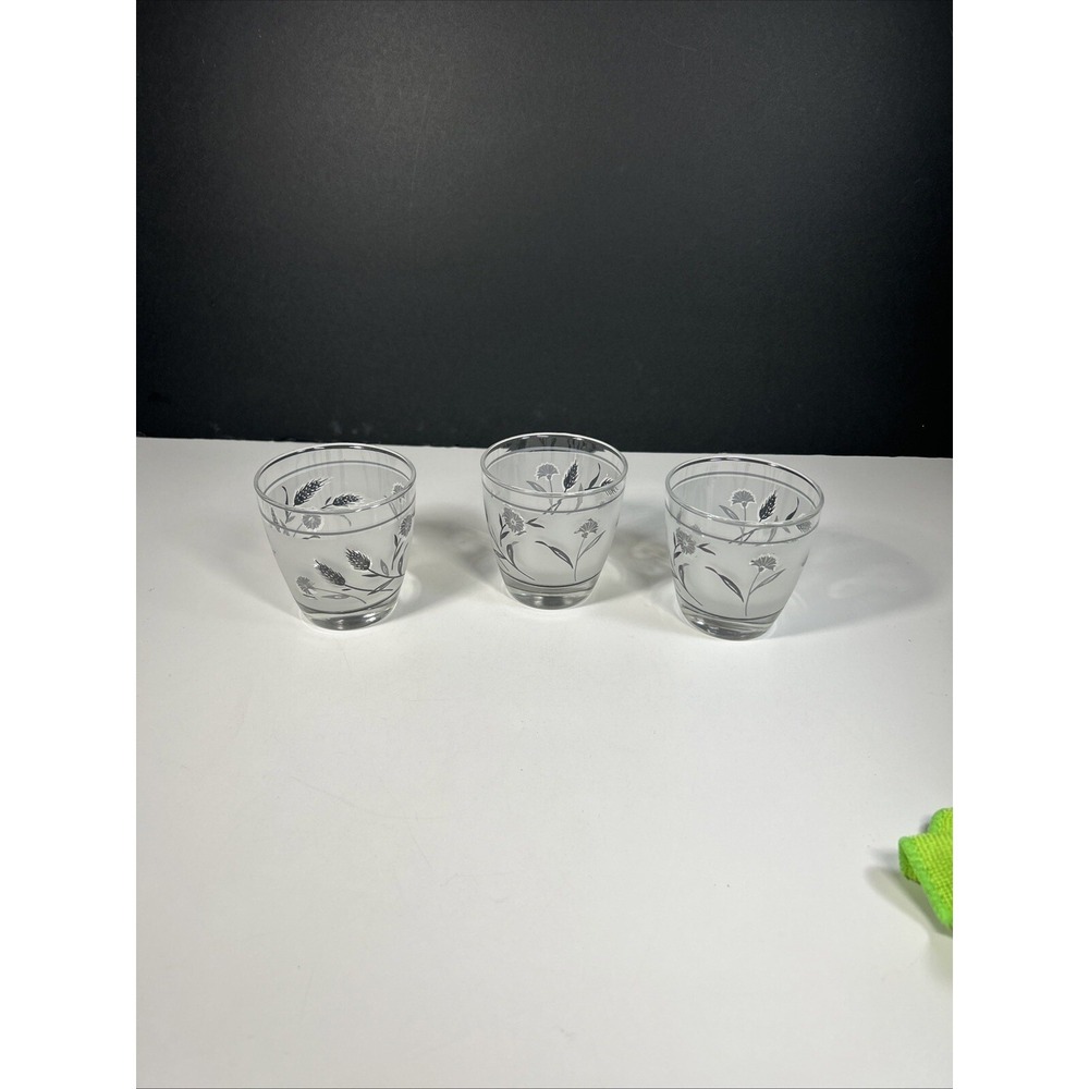 Set Of 3 Libbey Glasses Frosted Silver Leaf Old Fashioned Low Ball Vintage Glass - Picture 3 of 9